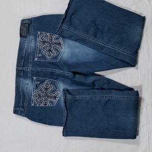 Love Indigo Premium Medium Wash Straight Leg High Rise Embellished Denim Jeans